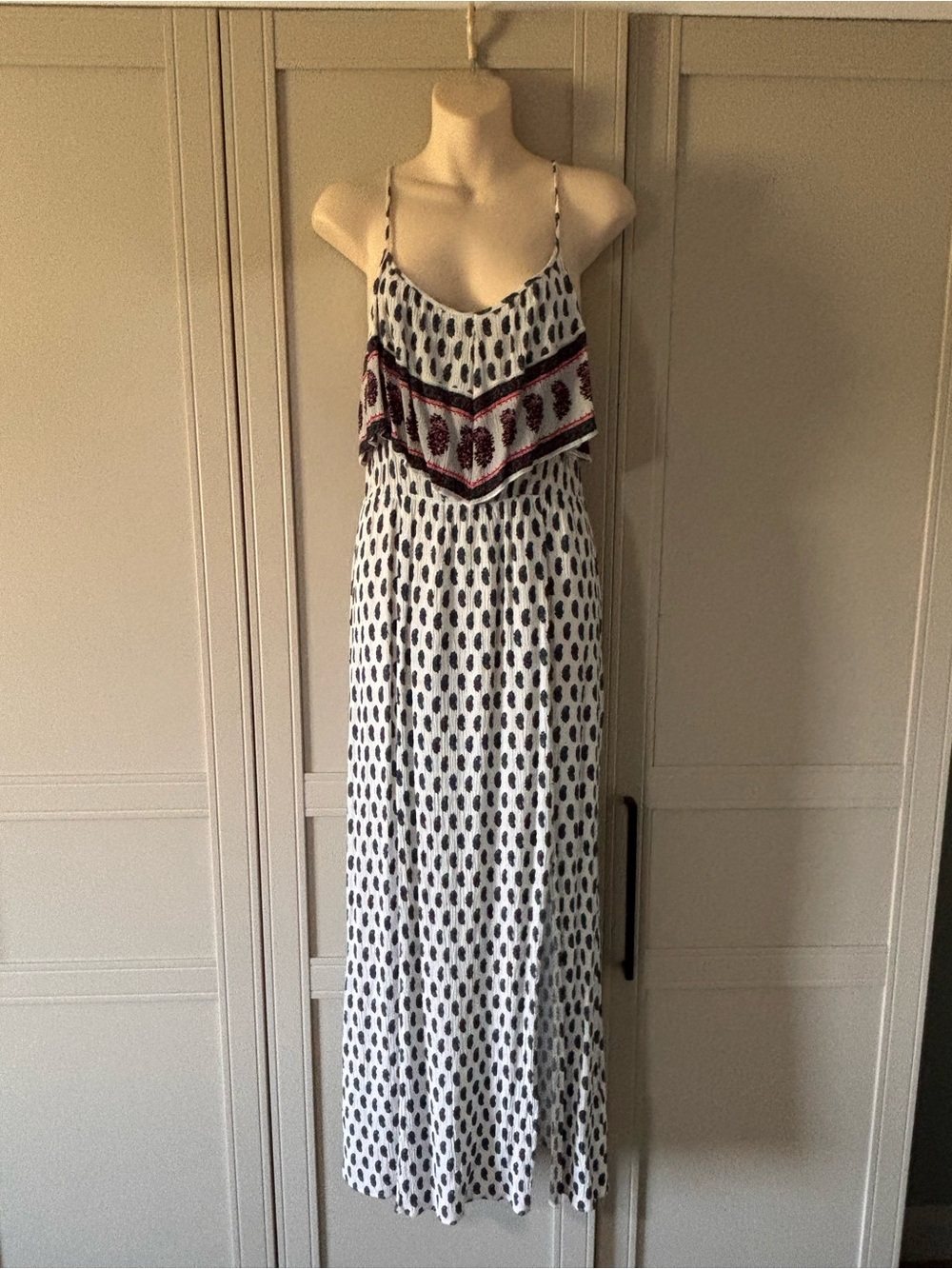 American Eagle Outfitters White Maxi Dress with Black Print and Red Trim
